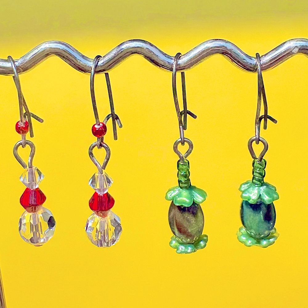 Earrings Pierced Handcrafted Unique Design Clear+Red Glass Facetted&Green/Brown